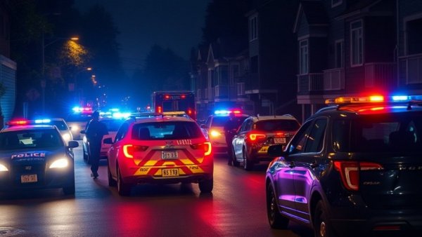 Nighttime police scene on residential street with flashing lights.