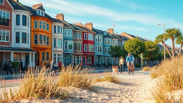 Great Highway San Francisco with people and colorful townhouses.