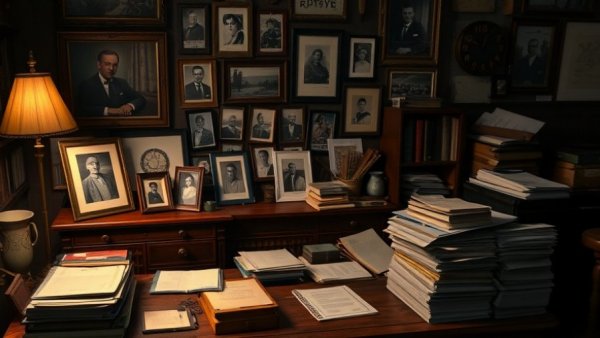 Cluttered desk with photos and documents, suggesting significant content.