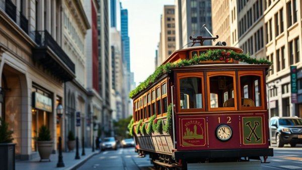 Festive San Francisco cable car decorated for holidays.