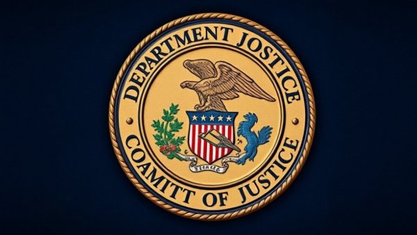 Close-up of Department of Justice seal, disappearance of Epstein files discussion.