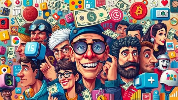 Tech job market 2025 collage with vibrant icons and floating money.