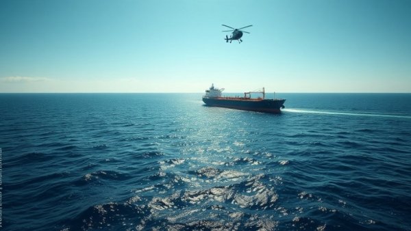 Oil tanker with helicopter overhead on the ocean, US Coast Guard Venezuela oil tanker.