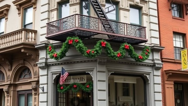 Historic San Francisco building exterior with festive fire escape.