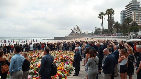 Memorial gathering at Bondi Beach with floral tributes.