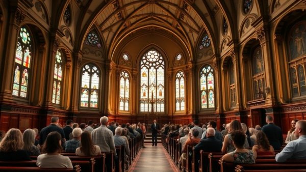 San Francisco local news: Church service inside historic building with stained glass.