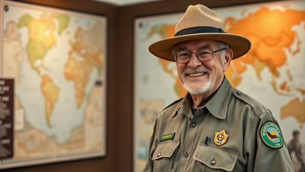 Elderly park ranger warmly smiling in a historical museum, representing Betty Reid Soskin legacy.