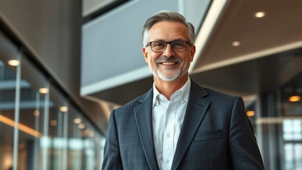Professional man in business setting, smiling indoors.