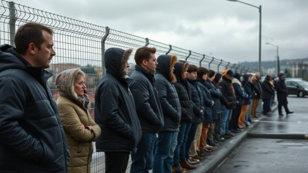 Line of people waiting on a cloudy day near a street in Argentina.