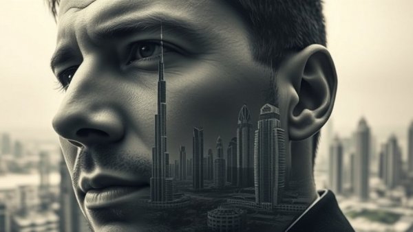 Monochrome image merging man's face and Dubai skyline, Assad's Enforcers Lives in Exile