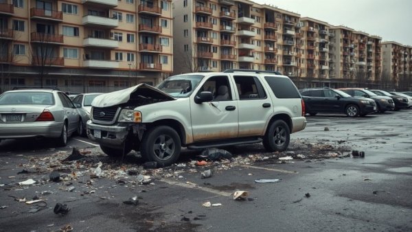 Aftermath of damaged vehicle in urban lot, Russian general killed in car bombing.