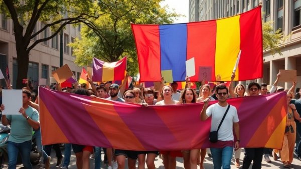 San Francisco local news: Activists marching with a colorful banner.