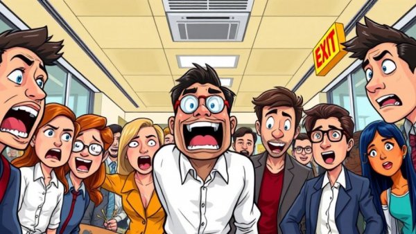 Cartoon of people reacting with alarm in a modern office setting.