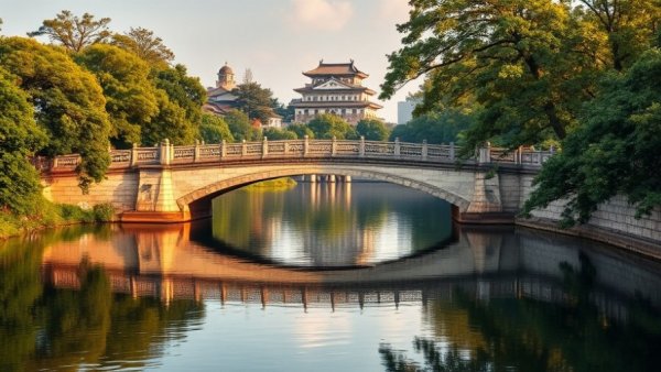 Scenic view of Tokyo bridge and Imperial Palace reflection.