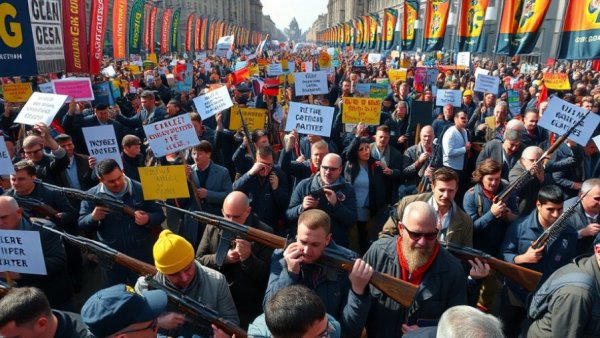 Yemen prisoner swap protest crowd holding signs and rifles outdoors, unity and determination.
