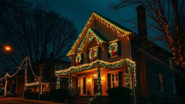 Twinkling Christmas lights on a house creating a festive scene.