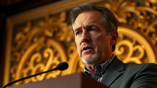 Mature man speaking at podium with intense expression, U.S. needs Greenland for national security.