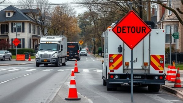 San Francisco street during blackout with PG&E truck and detour signs.