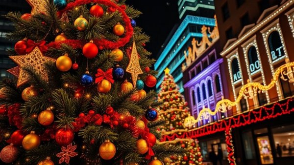 Festive Christmas tree in San Francisco adorned with lights and ornaments.