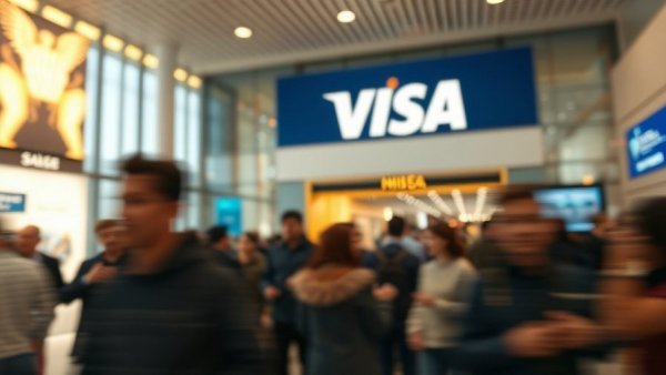 People moving in front of Visa sign, conveying dynamic retail environment.