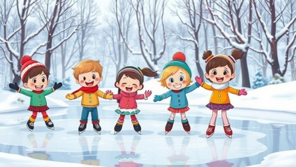 Joyful cartoon characters skating in snowy scene, inspired by A Charlie Brown Christmas soundtrack.