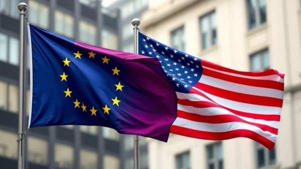 EU and U.S. flags waving amid political tensions over activist ban.