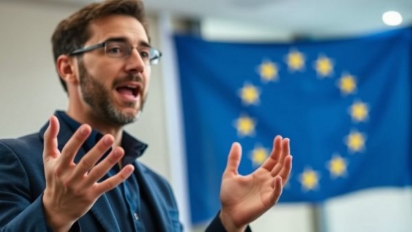 Speaker gesturing in front of EU flag, Free Economic Zone Ukraine