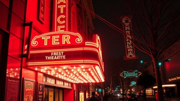 San Francisco local news - Vibrant neon theater sign at night.