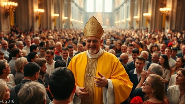Pope Leo XIV Christmas Eve Mass, bishop among crowd, vibrant cathedral.