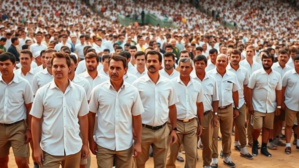 Mass gathering symbolizing Hindu nationalism in India, men in rows.