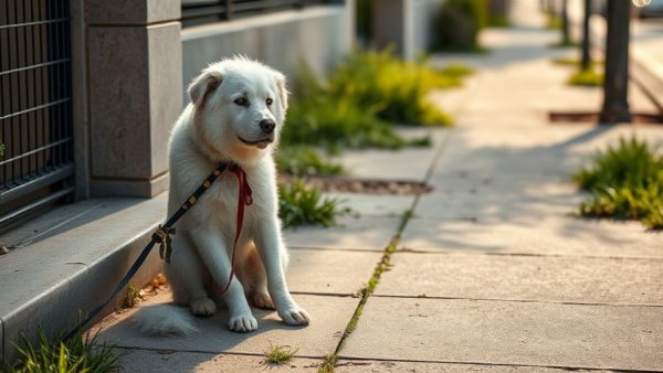 Abandoned white dog tied to pole near Google Sunnyvale.