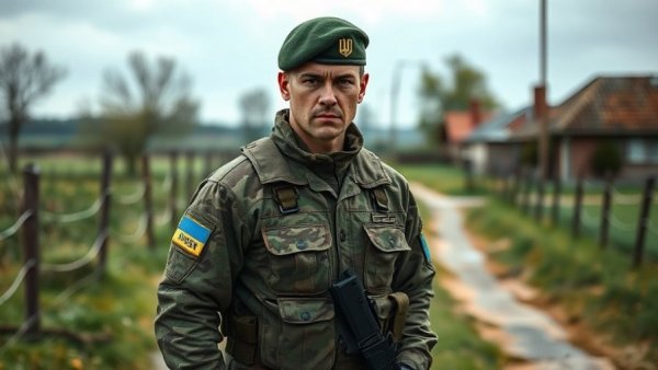 Ukrainian soldier in a village, reflecting prolonged military deployments.
