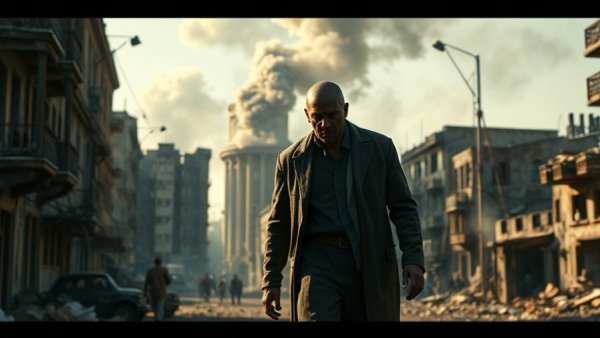 Somber person in war-torn city reflecting on Middle East peacebuilding.