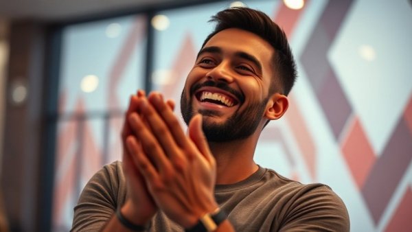 Smiling man claps indoors against a graphic background.