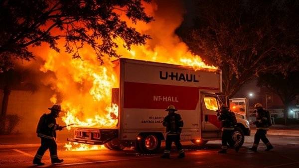 Firefighters extinguishing a burning U-Haul truck at Outer Sunset sideshow.