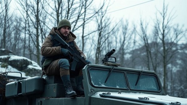 Soldier on military vehicle in Ukraine during peace talks with Trump.