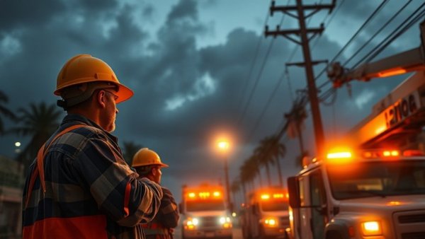 Utility workers fixing power lines during PG&E power outages in San Francisco.