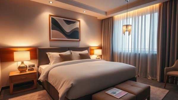 Boutique hotel room with modern decor and soft lighting.