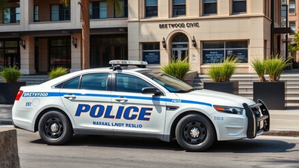 Brentwood police car parked outside civic building, DUI suspect reference.