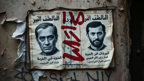Aged posters depicting faces, reflecting Assad regime cover-up of crimes.