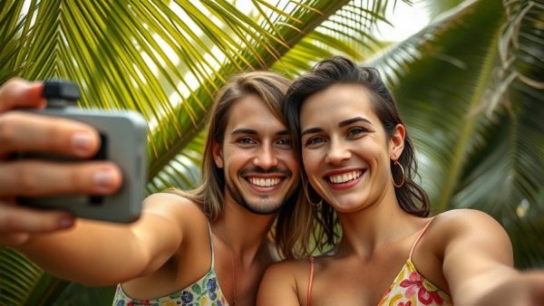 Smiling Quebec couple in a tropical setting, selfie moment.