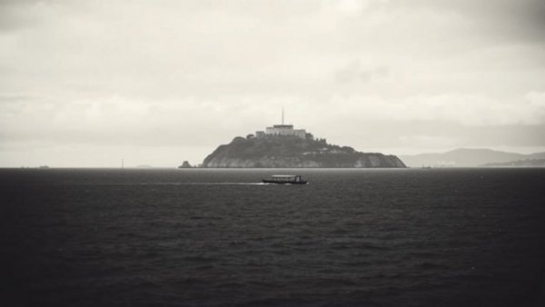 Historic image of Alcatraz with boat, showcasing Alcatraz history.