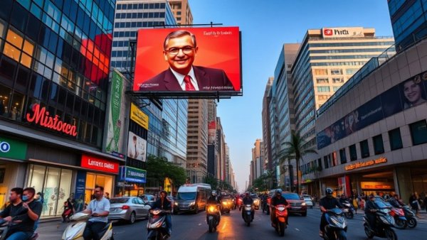 Urban scene with South Sudan political billboard under evening sky.