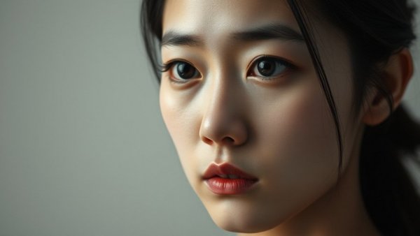 Close-up of a serious young Asian woman in monochrome.