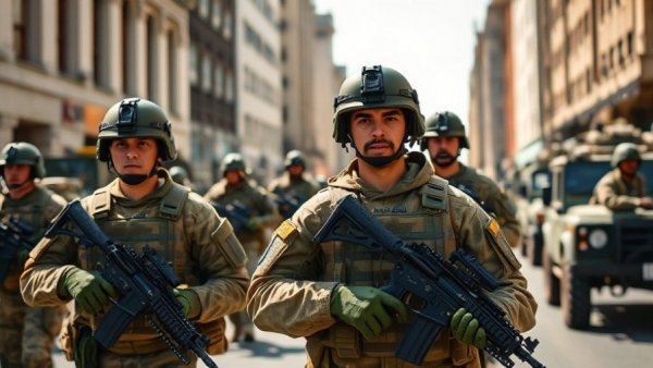 National Guard soldiers patrolling urban area during Trump deployment.