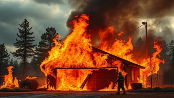 Fix Our Forests Act - intense wildfire near trees and garage.