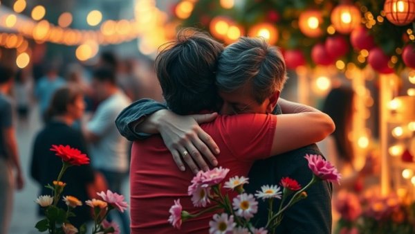 Emotional embrace at Swiss bar fire vigil with warm lighting and flowers.