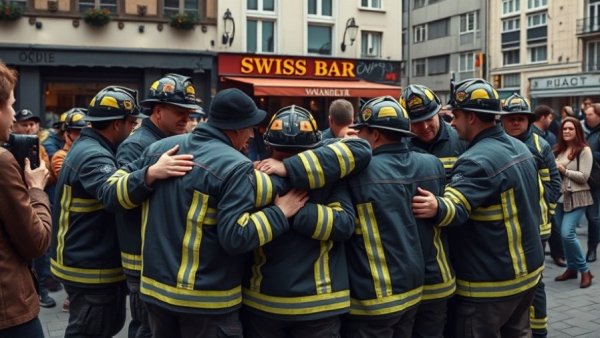 Firefighters and onlookers at Swiss bar fire scene for negligence investigation.