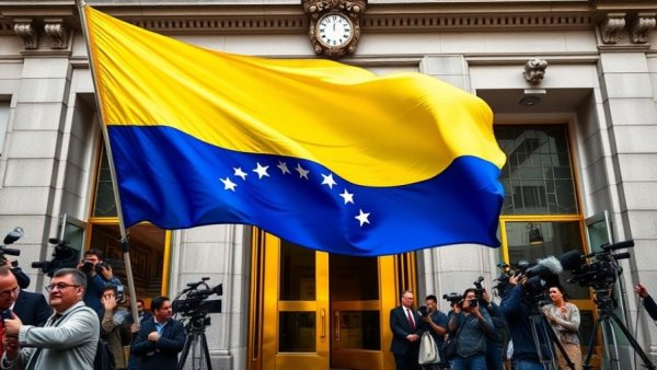 Venezuelan flag waving near a courthouse entrance related to U.S. military operation in Venezuela.