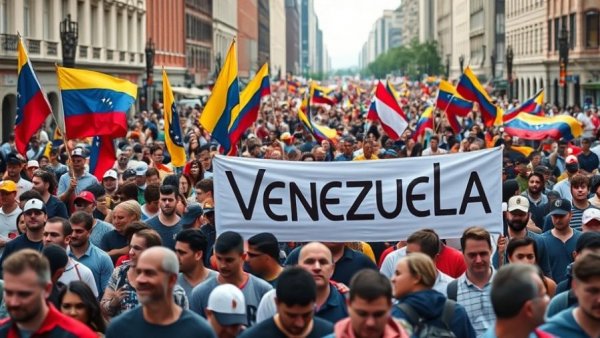Crowd holding Venezuela banner with flags at a public gathering.
